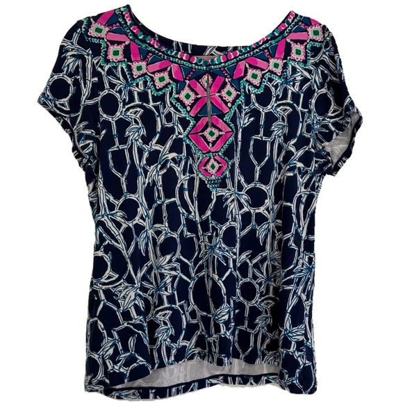 Lilly Pulitzer Alora Top Lucky Bamboo V Neck Shirt Navy Blue Pink s/s Large VGUC - Picture 2 of 5
